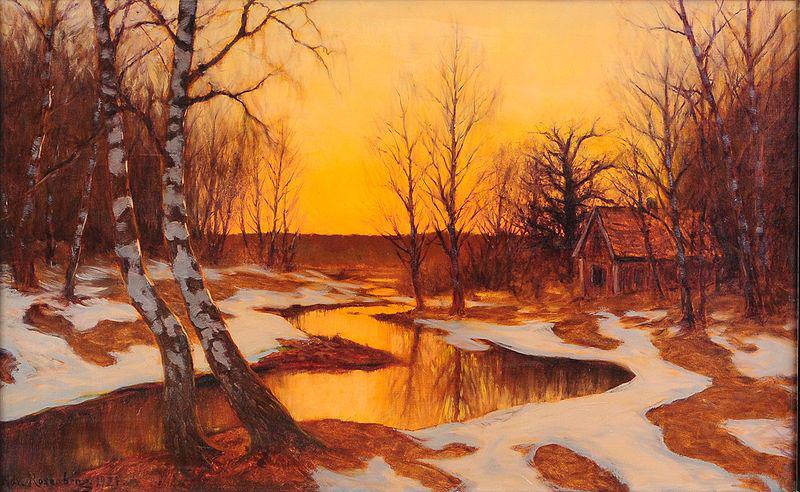 Edward Rosenberg Solnedgang i vinterlandskap oil painting image